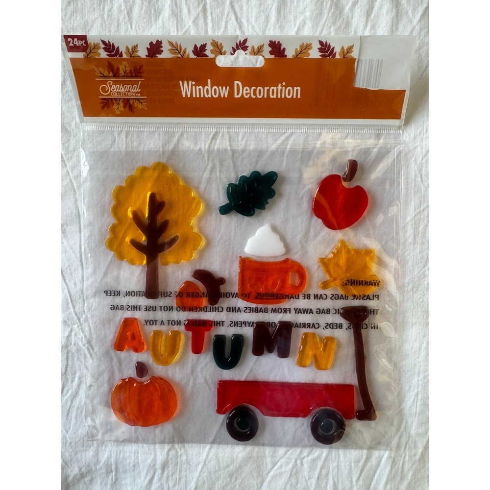NEW Autumn 24 pc Window Gel Clings Stickers Decor Pumpkin Fall‎ Leaves Harvest
